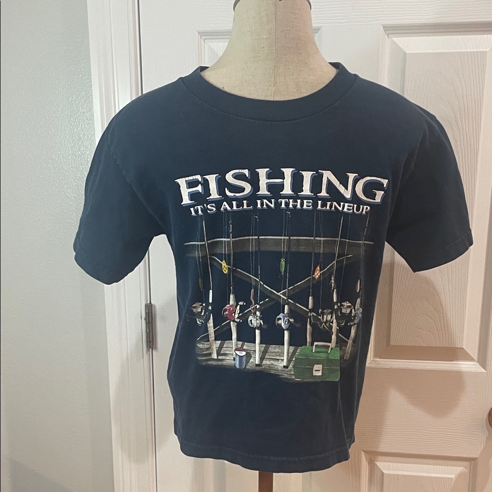 Ink Kids Fishing Graphic short sleeve 100% cotton navy blue T-Shirt size M 10 12